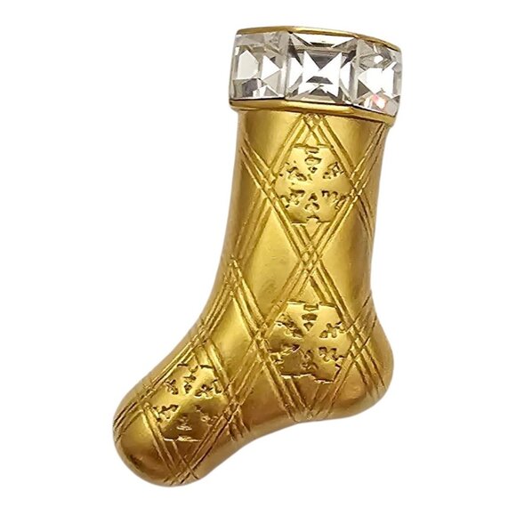 Monet Vintage Rhinestone Stocking Brooch Matte Gold Tone Pin, Signed - Picture 1 of 12